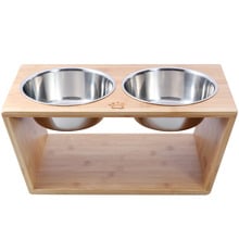 Bamboo Dog Feeder with Stainless Steel Bowls